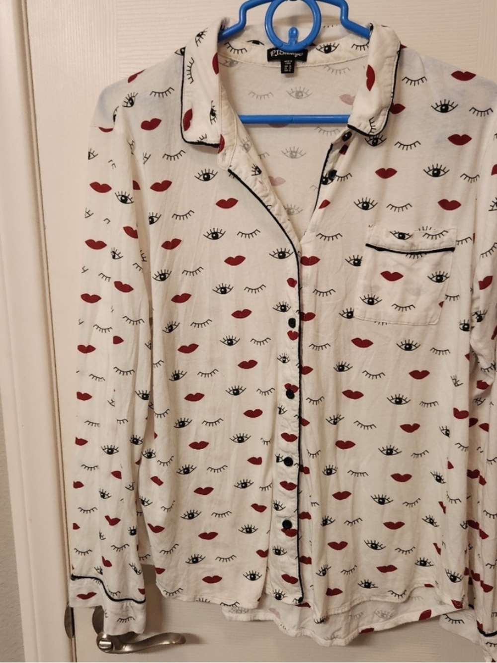PJ Salvage White Button-Front Top with Red Lip & Black Eye Print